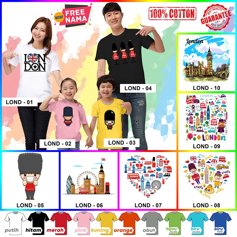 [FREE NAMA!!] Baju Kaos COUPLE  ANAK DAN DEWASA LONDON ENGLAND INGGRIS BANYAK MOTIF