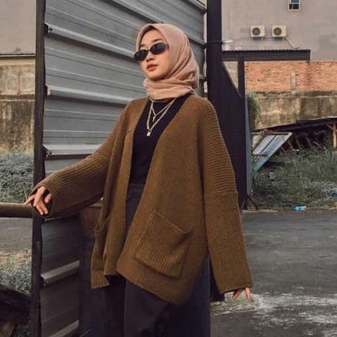 COD  Cardigan Rajut Jumbo XXL/3xl/4xl cardigan oversize rajut wanita lengan panjang big size-Bronze