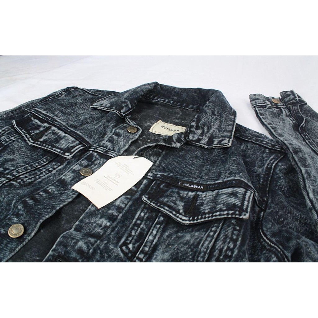 JAKET JEANS PRIA PULL&amp;BEAR BLACK SNOW ACID JACKET DENIM SLIM PULLANDBEAR P&amp;B PULL &amp; BEAR  PREMIUM