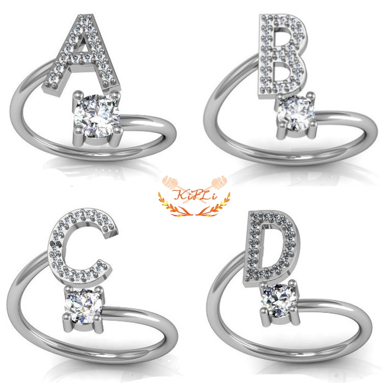 1Pc Cincin Terbuka Adjustable,Motif Huruf Alfabet Inggris,Hias Berlian Imitasi Untuk Wanita