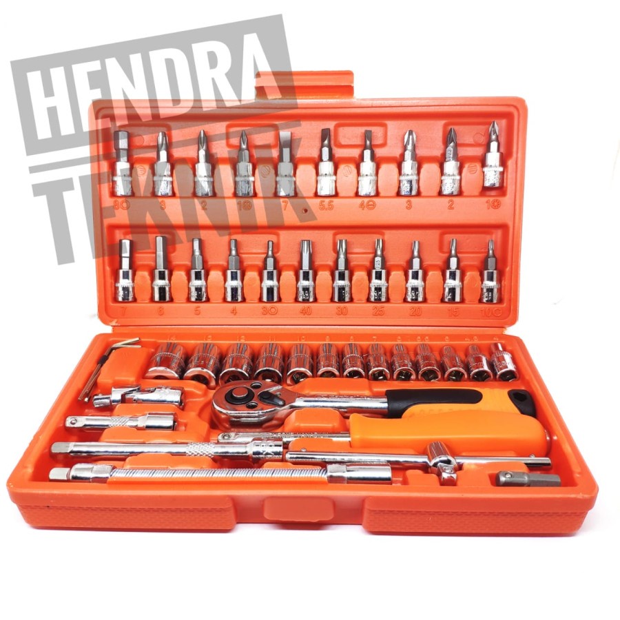KUNCI SOK SET 46 PCS 1per4 inch KUNCI SOKET SET KUNCI KREK SHOCK SERBAGUNA 0.25 inci in dim HD 46PCS KUNCI BENGKEL MOTOR MOBIL SET-1
