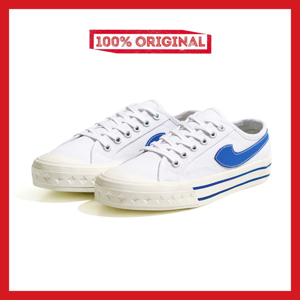 ORIGINAL - Sepatu Brand Lokal Kasual Pria Wanita No Brand White Blue Low Not Sneakers Compass Retrograde Putih Biru