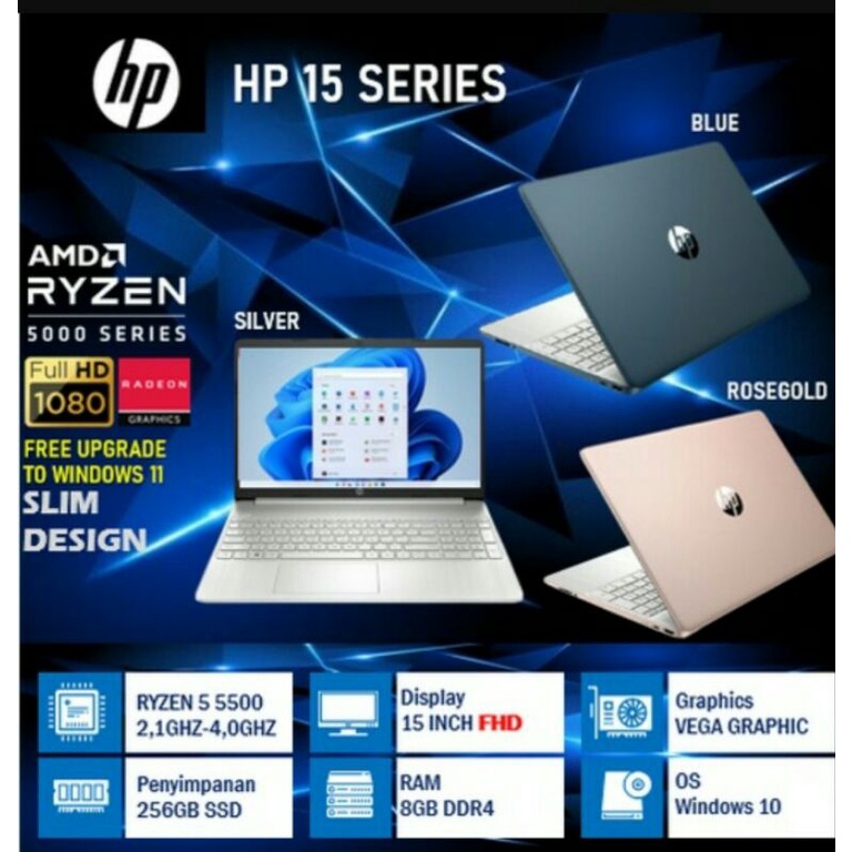 Jual Notebook HP 15 Ryzen 5 5500 8GB 256ssd Vega7 15.6 FHD W11 | Shopee ...