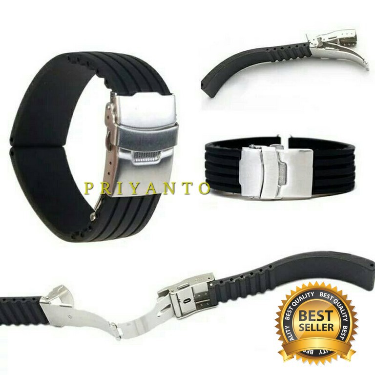 STRAP TALI KARET JAM TANGAN KARET 18MM 20MM 22MM 24MM WATCH BEND TERBAIK MODEL CLASP FOLDING HITAM