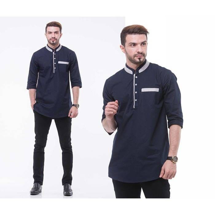 Baju Koko Pria Kurta Assyauki, Baju Lebaran, Warna Biru Navy, Bahan Adem, Gamis Pria, Ganteng, Keren