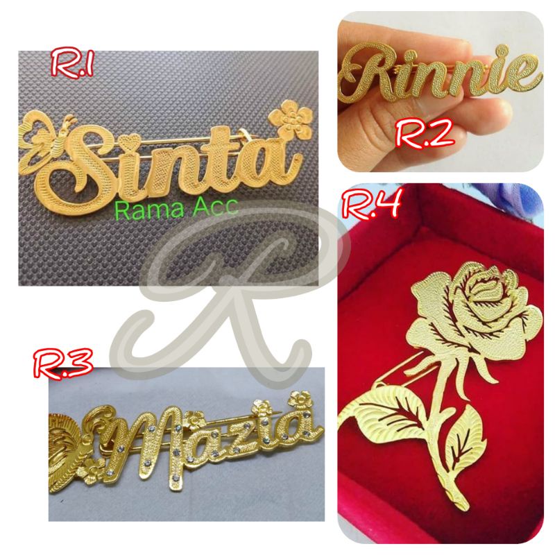 Bros nama Pin nama Bros peniti jilbab costum gold lapis emas