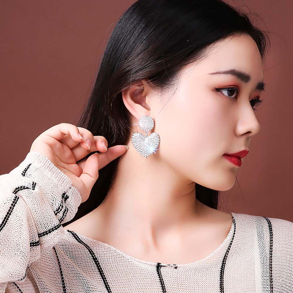 Rebuy Stud Earrings Pesta Pernikahan Fashion Temperamen Aksesoris Cinta Hati Penuh Berlian Imitasi Hadiah Untuk Wanita Shiny Menjuntai Earring