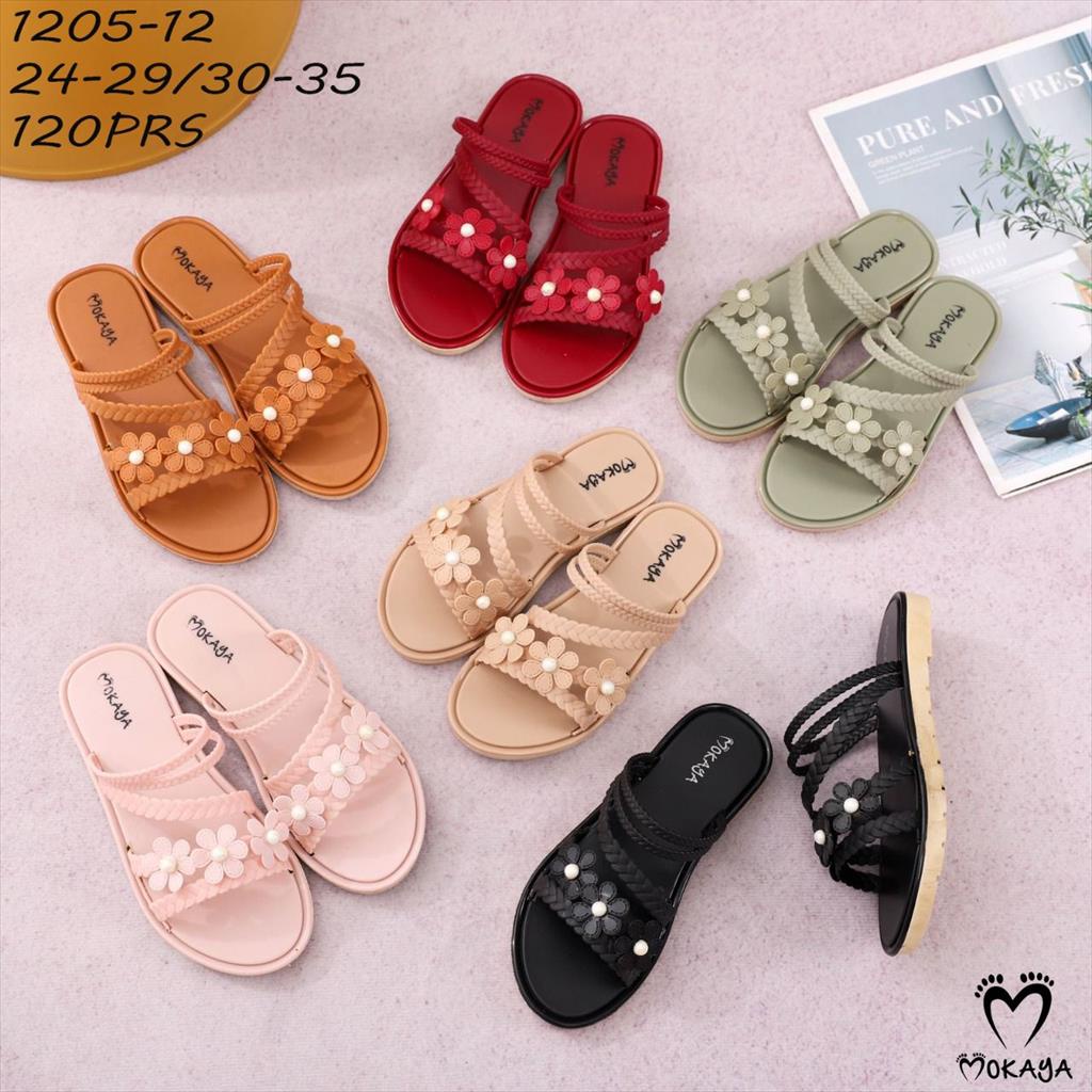 Sandal Slop Anak Cewek Tali Kepang Kecil Hias 3 Bunga Sama Warna Cantik Lucu Elegant Import Mokaya / Size 24-29 (1205-12)