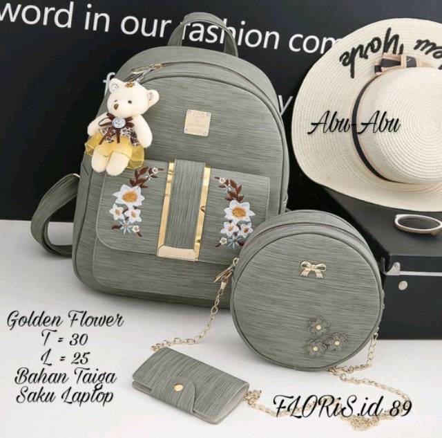 Fashion ransel KULIT PU LEATHER golden flower / fashion wanita / tas ransel murah batam