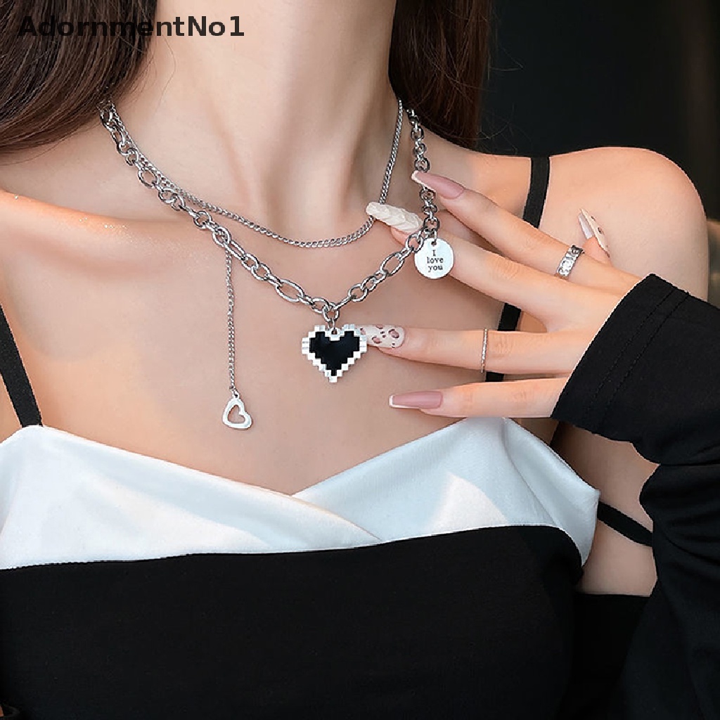 (AdornmentNo1) Kalung Rantai Dengan Liontin Hati Hollow Mosaik Warna Hitam Gaya Punk Untuk Wanita