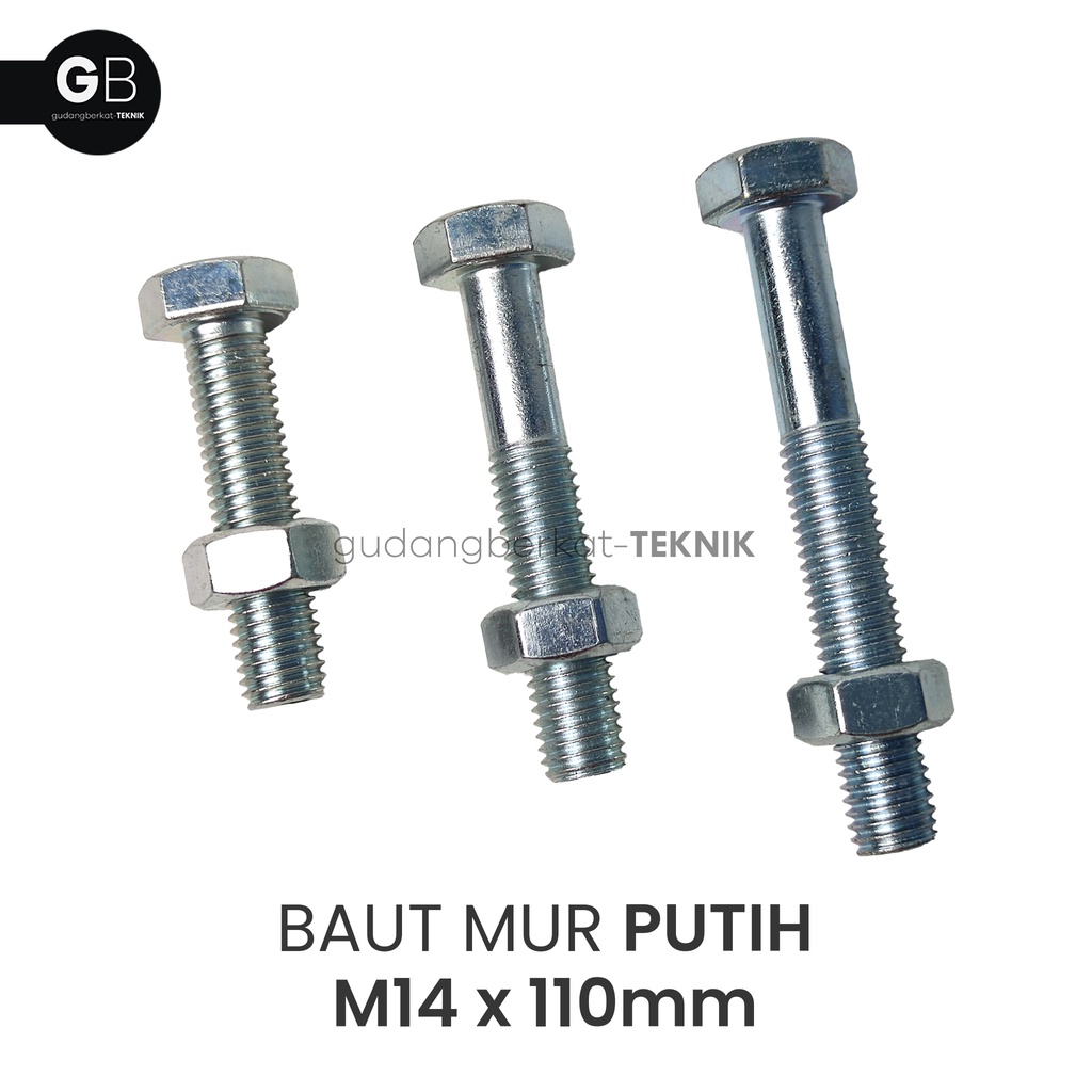 Baut Mur Putih M14x110 / BMP 14x110 (110mm) / Baut M14 Putih Kunci 22