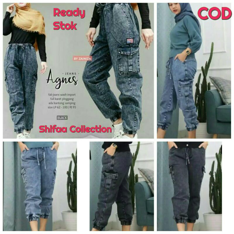 Celana Wanita Agnes Cargo Joger Snow - Shoft Jeans (Standar BB 40-60 kg dan Jumbo BB 60-80 kg)