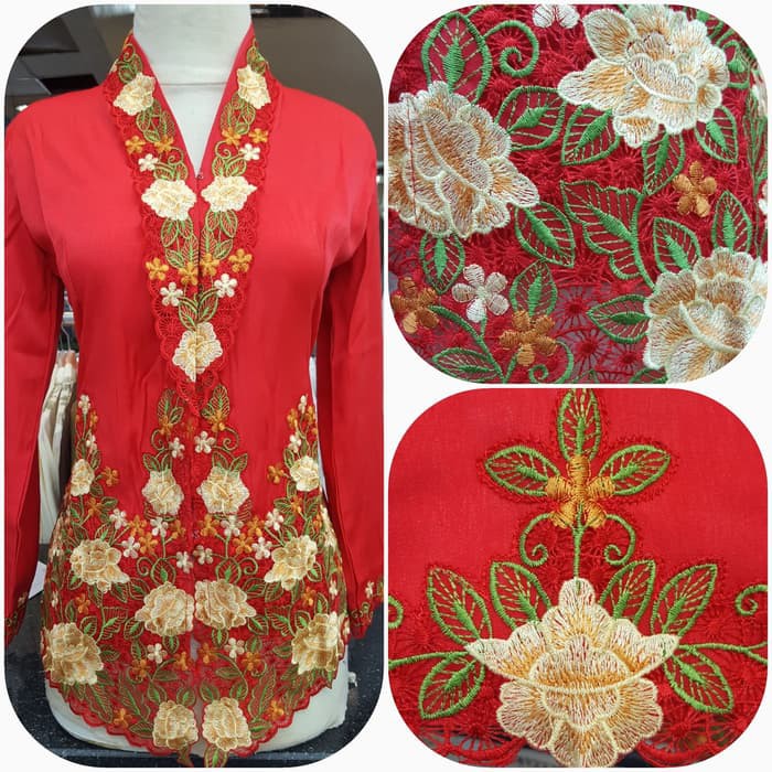 Kebaya Encim Modern Hitam Dan Merah - Merah, S