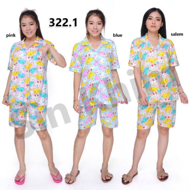  Baju  tidur  wanita set short pants karakter kaos  tebal 