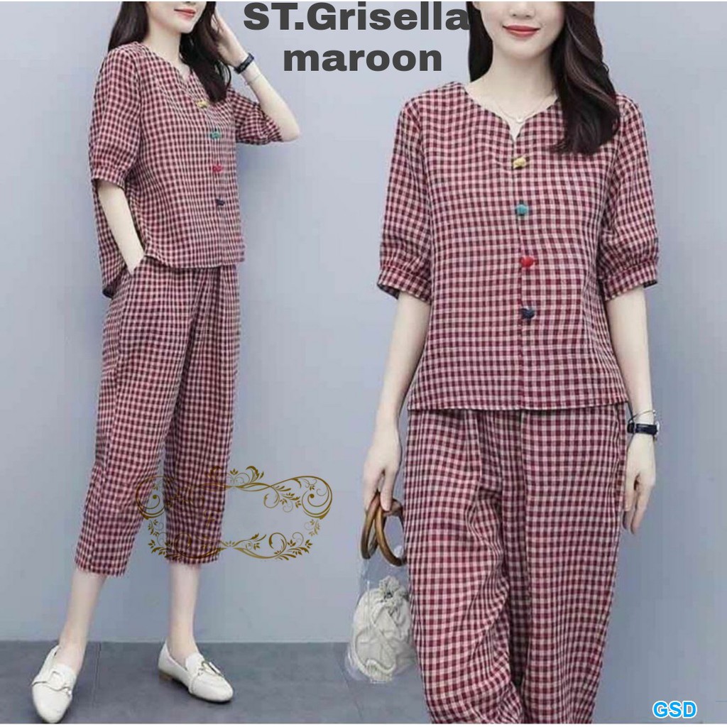 St Grisella/Setelan Baju Wanita Lengan Pendek + Celana Motif Kotak-Kotak Good Quality