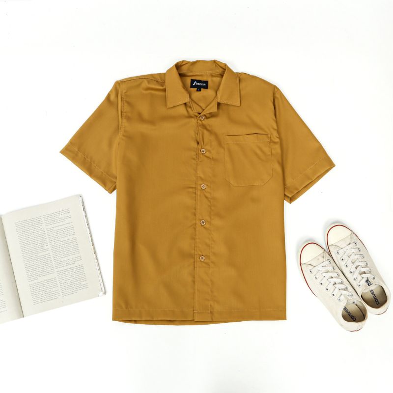 Kemeja cuban polos v neck warna kubus mustard polos pria / bowling shirt pendek cowok premium