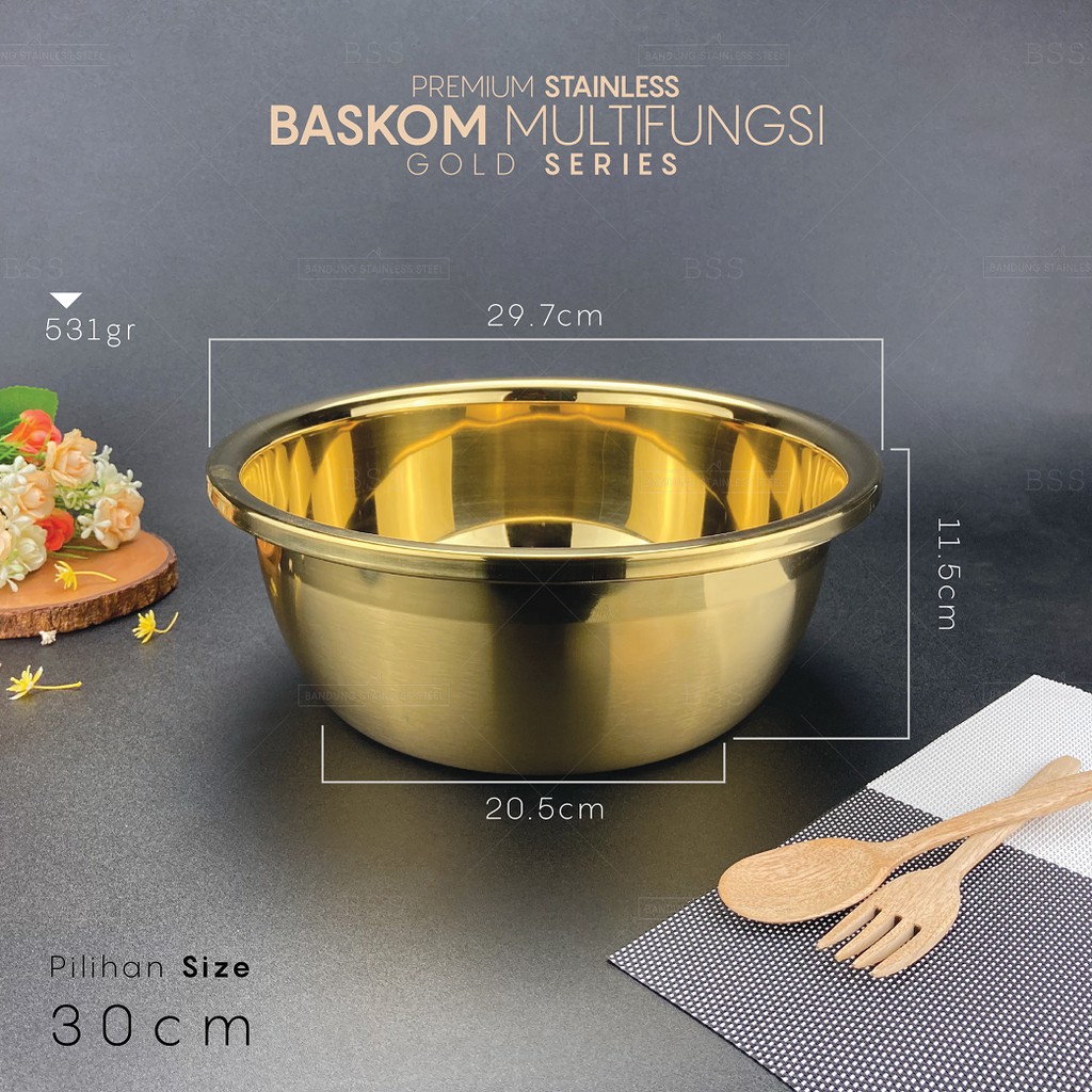 Baskom Wadah Stainless Gold 30cm tinggi tebal Warna Emas Multi Fungsi Tempat Sayur Daging Makanan