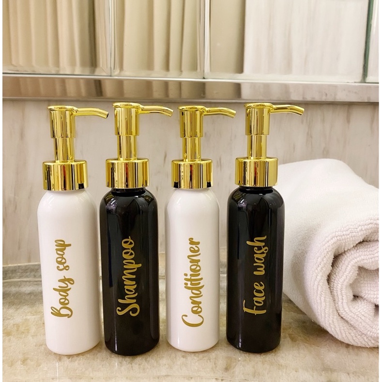 travel size 100ml HITAM/PUTIH GOLD KECIL LUXURY. aesthetic bottle minimalist refill organizer tempat sabun cair pump estetik