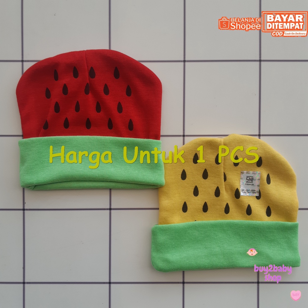 Topi kupluk bayi motif salur &amp; fruit warna karakter NIA 0-3 Bulan 1 PCS