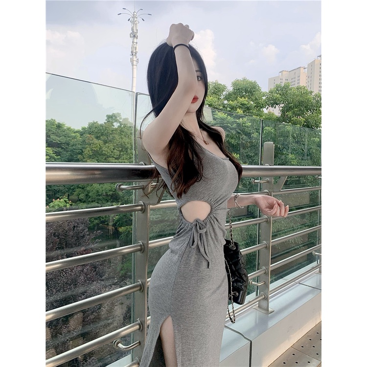 Women Round Drawstring Slit Sleeveless Midi Dress Wanita Tanpa Lengan 1476 (S-XL)