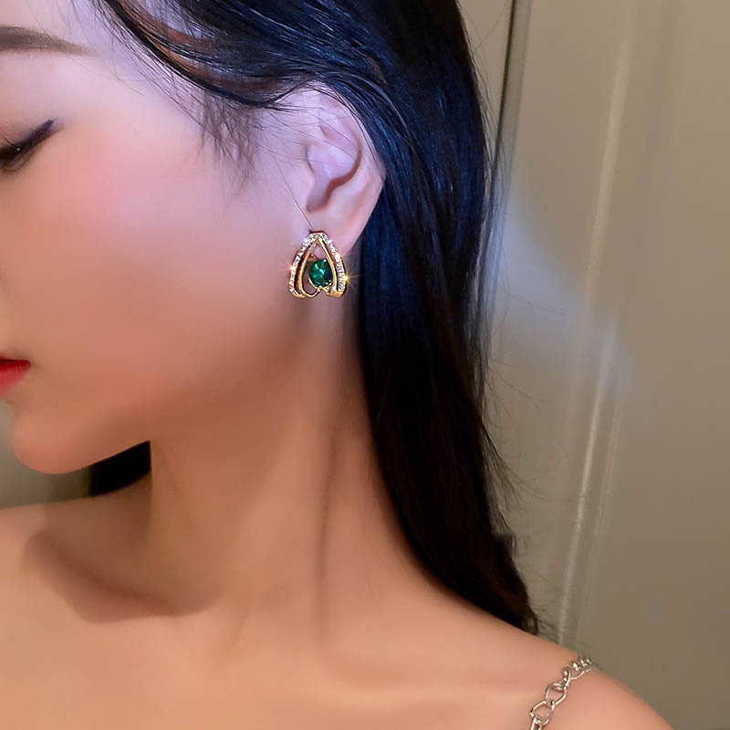 Anting Tusuk Gantung Bahan Sterling Silver 925 Desain Hati Hias Berlian Hijau Gaya Koreadongdaemunretro Untuk Wanita