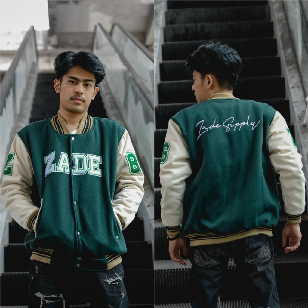 JAKET PRIA - JAKET BOMBER PRIA - JAKET VARSITY - JAKET SALVIO HEXIA-ZADE GREEN CREAM