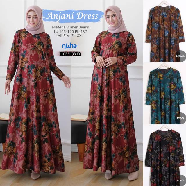 Dress Hijab Bahan Calvin Jeans Motif Bunga Terbaru | Dress Murah Solo | Gamis Calvin Jeans