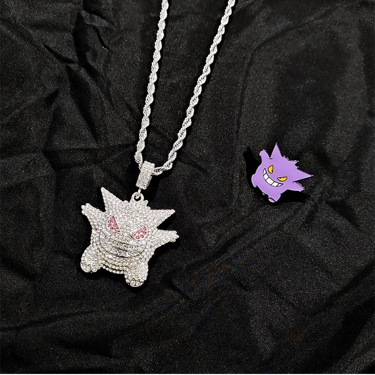 Tiktok lucu Berlian Pokémon Gengar kalung pria dan wanita kartun halus bertatahkan liontin hip-hop j