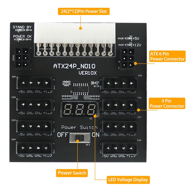 Papan Power Breakout ATX 24pin Ke IDE 8x4pin 2pin 800W Untuk Mesin Mining