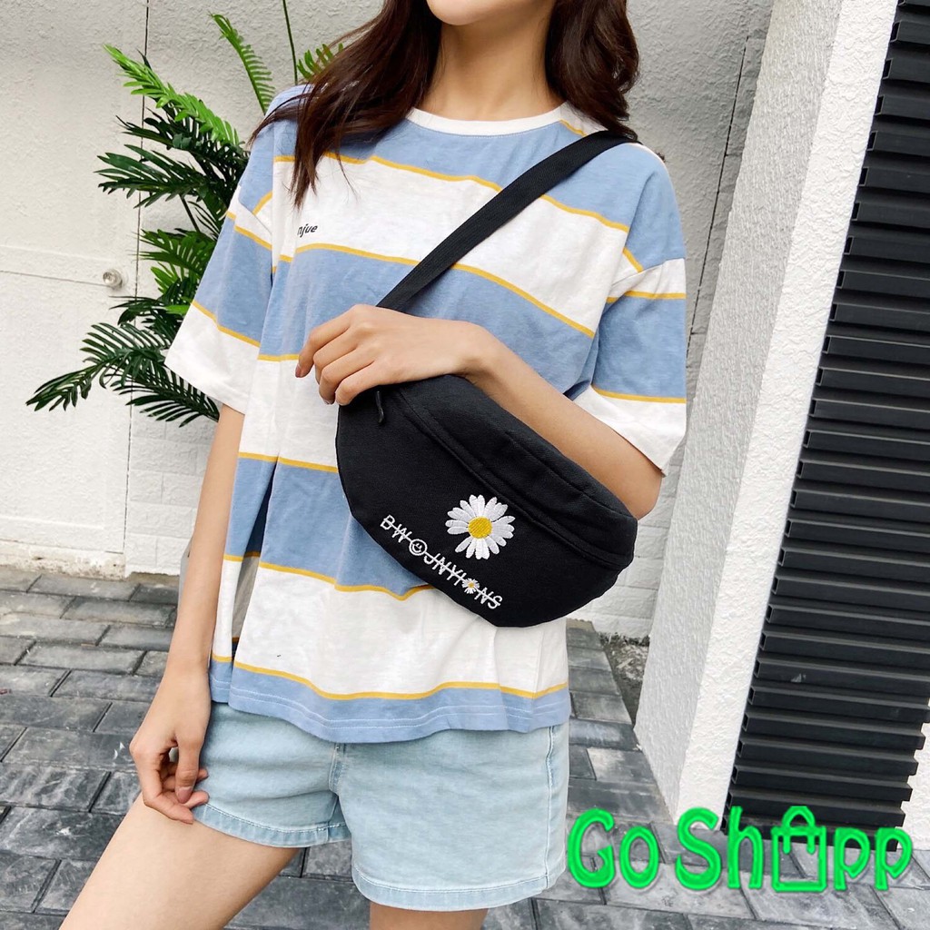 Waist Bag kanvas Motif Bunga Krisan Bordir - Tas Pinggang Kanvas Import - Waistbag Korea [WB03]