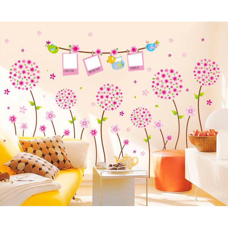 RELIZA WALL STICKER BUNGA DANDELION PINK BINGKAI FLOWER FRAME BINGKAI STIKER DINDING XY1102