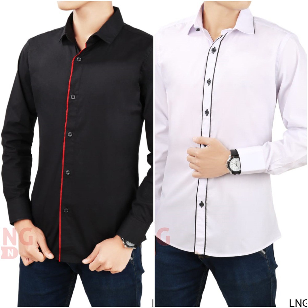 Kemeja Casual Pria Polos Slim Fit Panjang dengan Motif Lis (COMB)