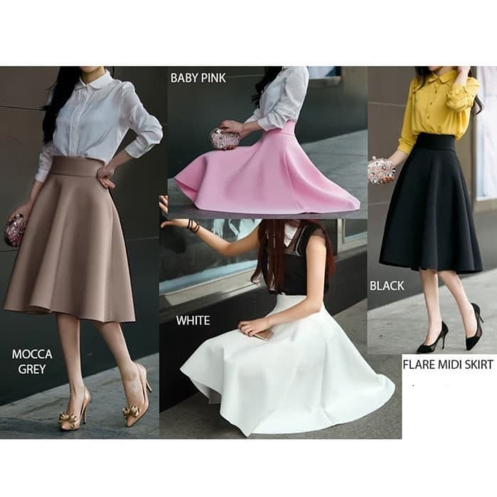 ROK PENDEK POLOS MIDI FLARE SKIRT SCUBA / ROK PENDEK MAYUNG BAHAN SCUBA / ROK HITAM