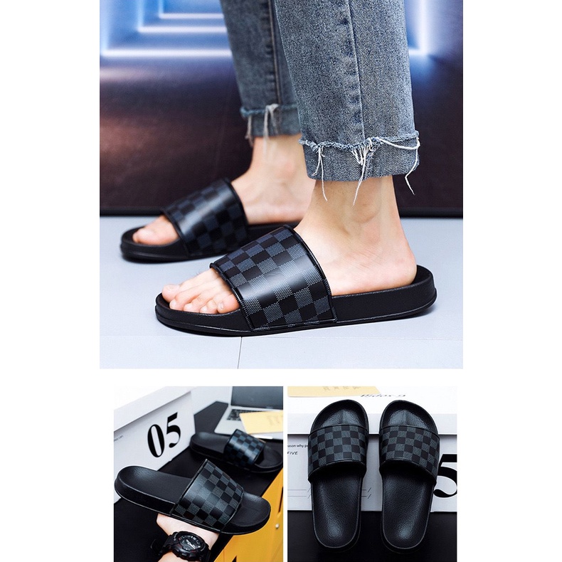 Sendal Slop Distro Pria ANOY A-03 Catur Checkerboard Hitam Premium Sandal Selop Termurah Sendal antiair