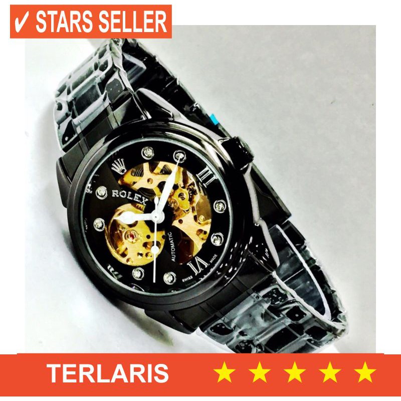 BISMILLAH LARISSS / Jam Tangan Pria Rolex Skeleton Automatic Full Black Grosir
