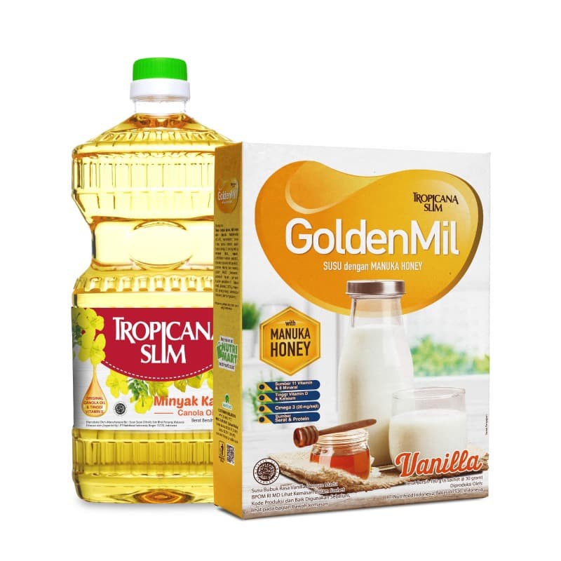 

PROMO TROPICANA SLIM MINYAK KANOLA 946ML + GOLDENMIL VANILLA (6 SCH) TERMURAH