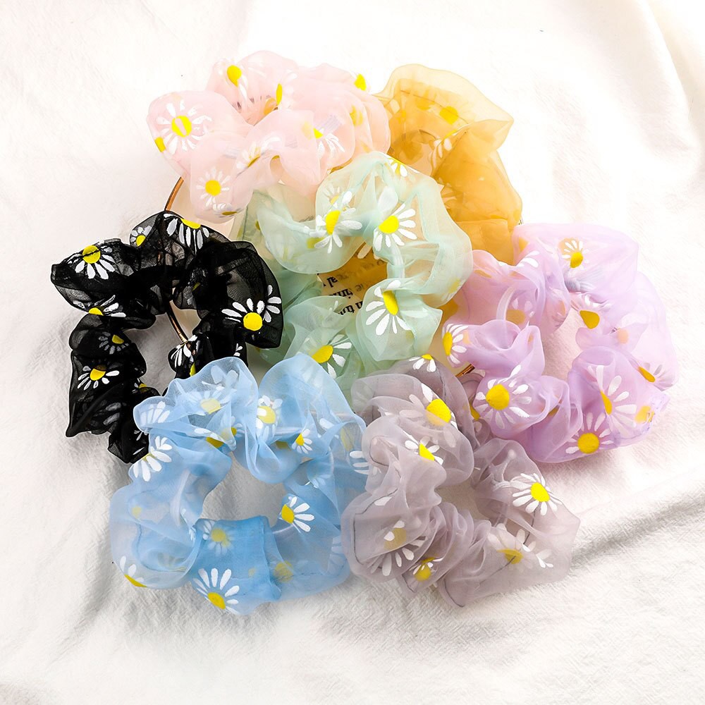 Scrunchie Bahan Sifon Motif Bunga Daisy Premium / Ikat Rambut Sifon Korea / Mesh Scrunchie / Tiki