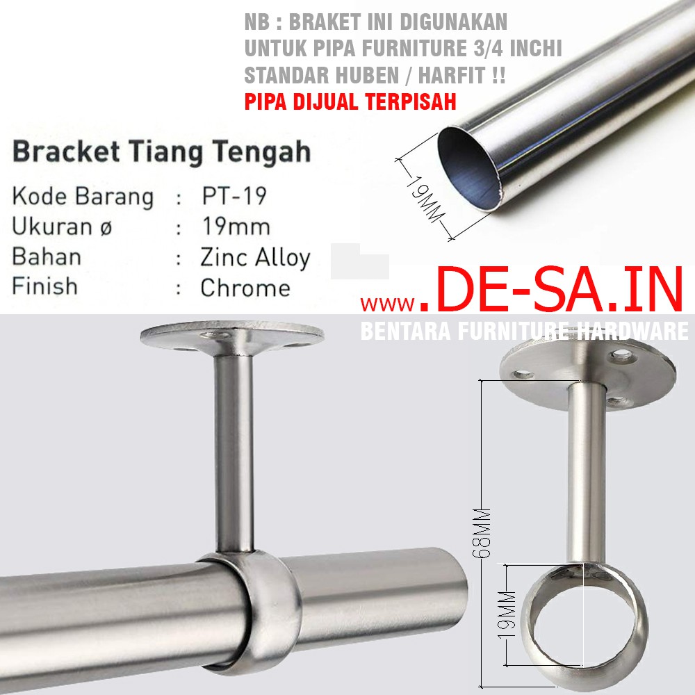 2 x HUBEN PT-19 BRAKET TIANG GANTUNG PIPA TEMBUS Diameter 3/4 Inci (19MM)