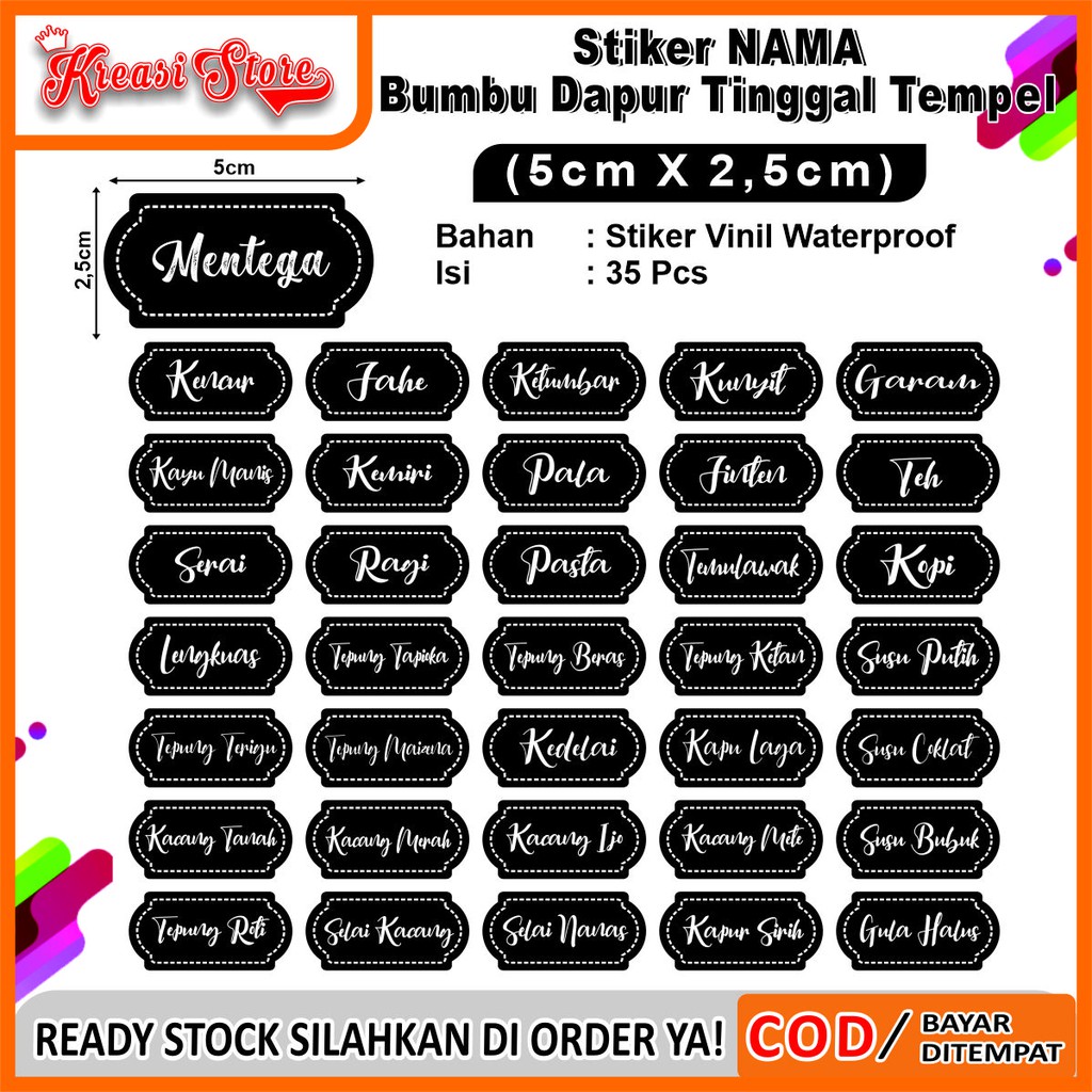 Stiker Label Bumbu Dapur /Organizer/ Pantry Waterproof isi 35Pcs Ready