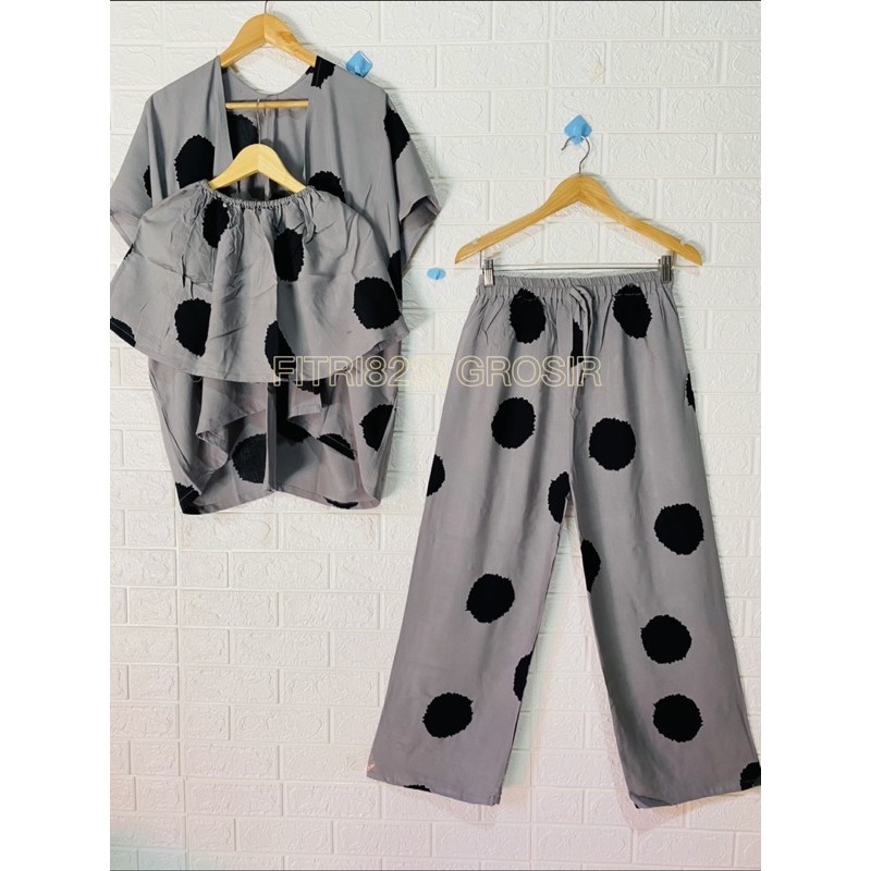 SETELAN AUTER + KEMBEN +CELANA MOTIF POLKADOT KAIN RAYON ADEM NYAMAN DI PAKAI