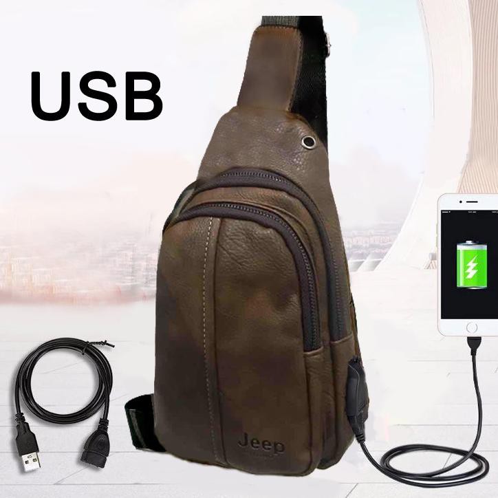 Tas Selempang Pria Kulit / Tas Dada / Tas USB / Tas Impor / Sling Bag New model impor Cowok Jeep -