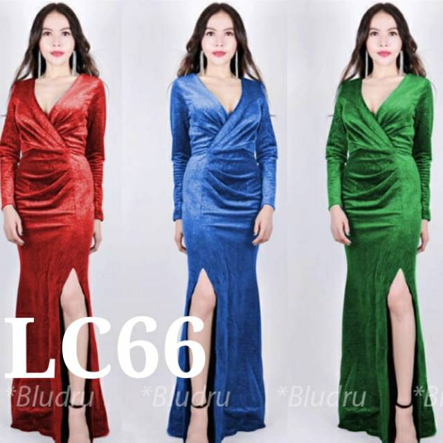 Sexy dress bludru LC66 V neck bludru long dress 66 gaun panjang pesta malam lc66