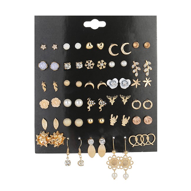 LRC Anting Set Fashion Yellow Crystal Love Moon And Diamond Moose Antler Earring Set D73682