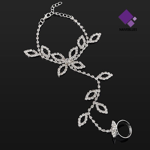 Naiveblue &gt; Cincin Jari Kaki / Tangan Model Rantai Harness Desain Daun Hias Kristal Berlian Imitasi Untuk Wanita