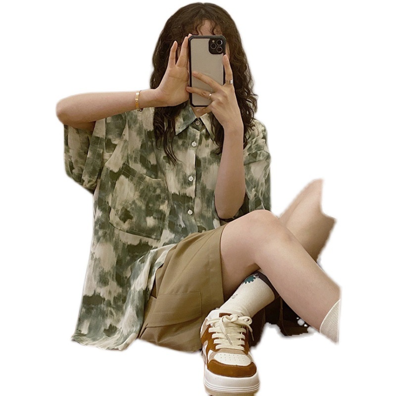 #Sisjuly# Musim Panas Retro Gaya Hong Kong Floral Tie-Dye Lengan Pendek Polo Shirt Wanita Harajuku Longgar Nic