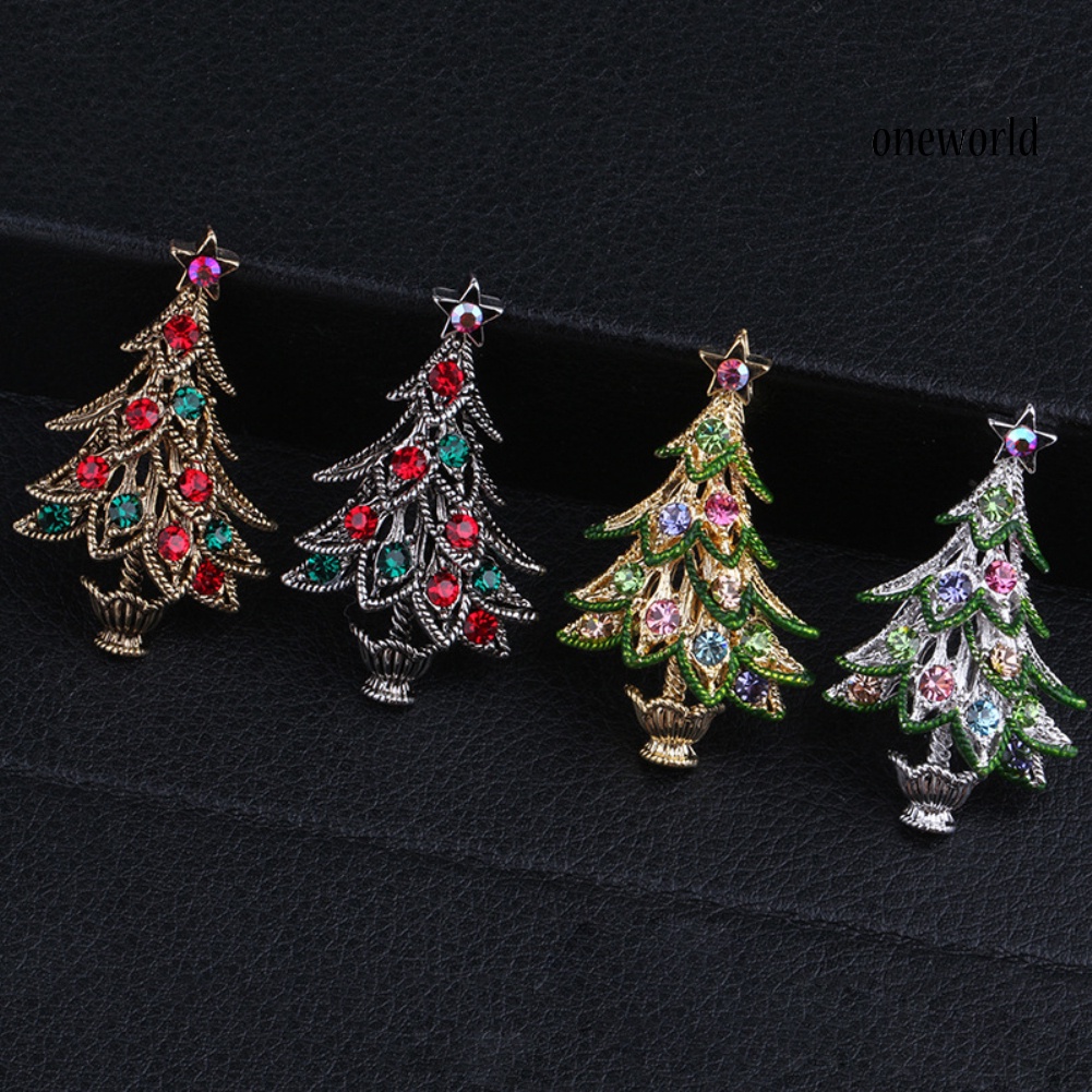 OW@ Vintage Women Rhinestone Inlaid Christmas Tree Brooch Pin Lapel Clip Xmas Gift