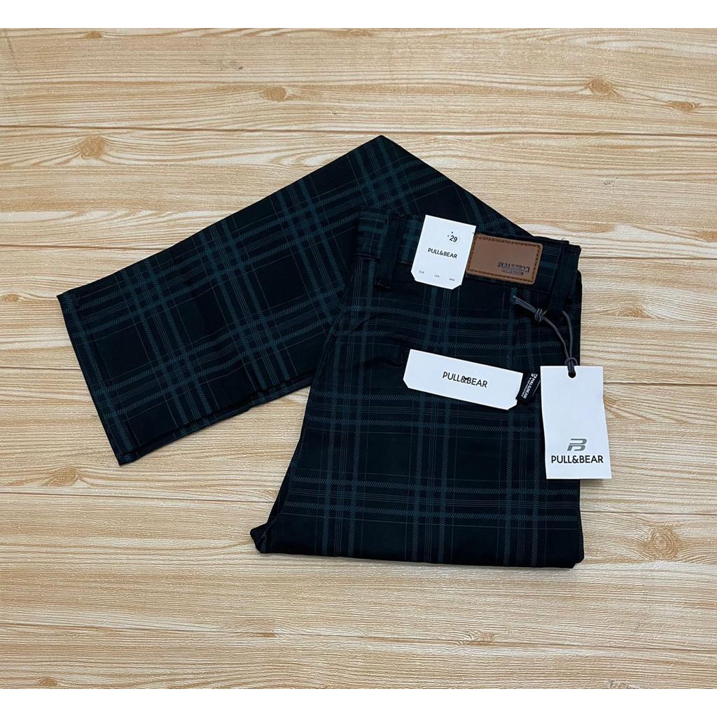 Celana Tartan Pria Slim Fit Pants Tartan Cowok Warna Hitam Celana Casual Motif