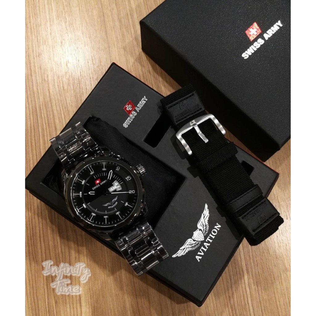 Jam Tangan Pria Cowok Swiss Aviation Rantai Stainless Free Strap Kanvas ( Warna Strap Random )