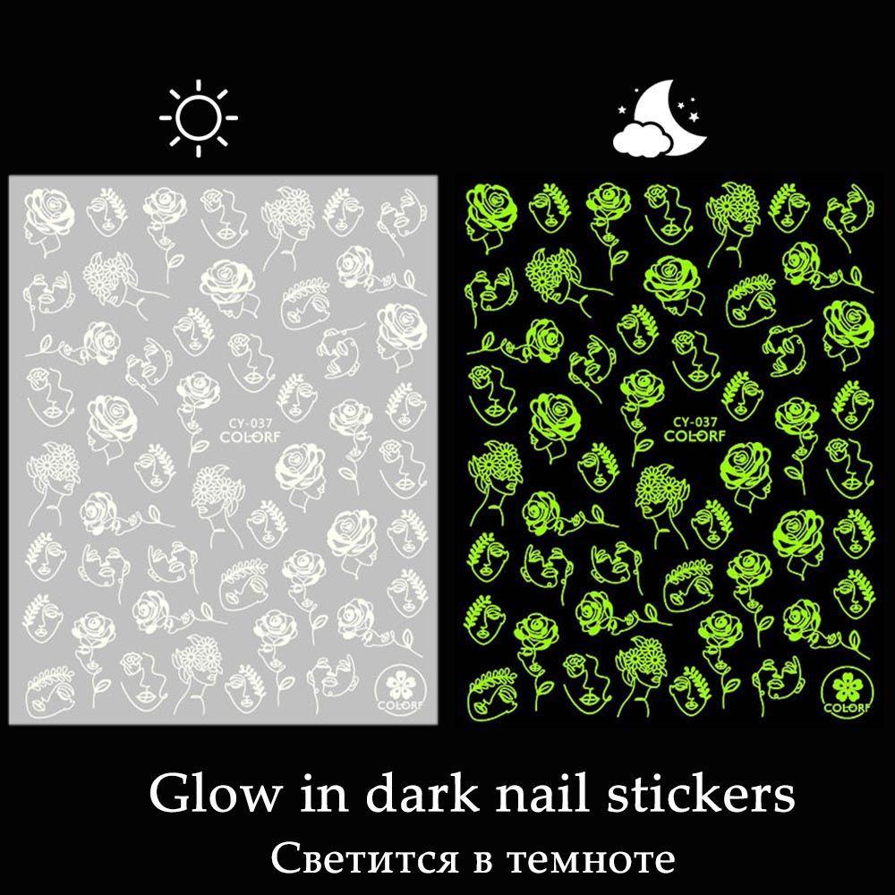 Solighter 3D Stiker Kuku Nail Art Dekorasi Slider Glow in the Dark Wajah Abtrak