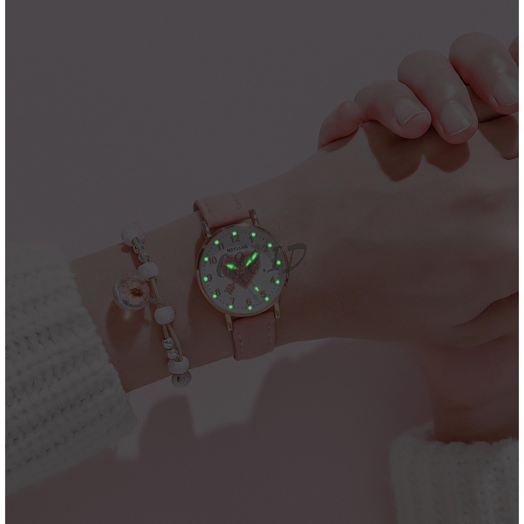 Jam Tangan Glow In The Dark Quartz Casual Strap Kulit PU Glow In The Dark Untuk Wanita Impor Murah Model Terbaru JT 18